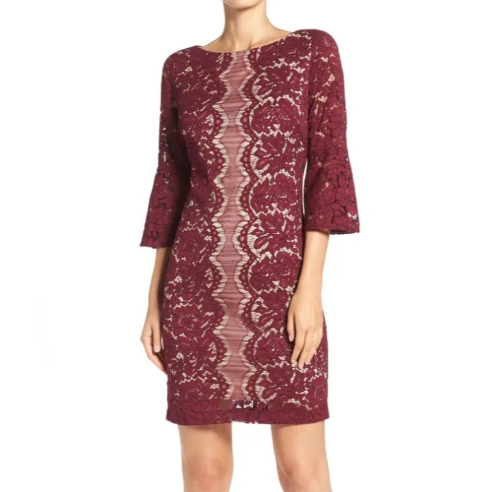 Gabby Skye Burgundy Lace Bell Sleeve Sheath Dress
